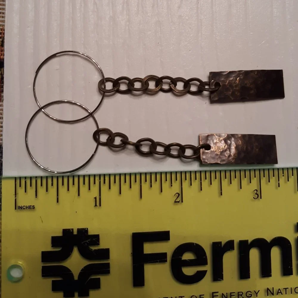 Handcrafted oxidized brass bar chain hoop dangle earrings - Picture 3 of 4